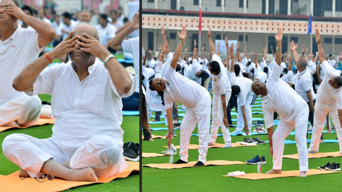 Mass yoga practice held at SMS Stadium on 11th International Yoga Day