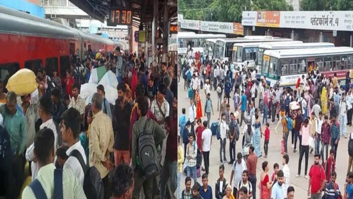 Crowds of people gathered at the railway station and bus stand to go to their homes on Rakshabandhan