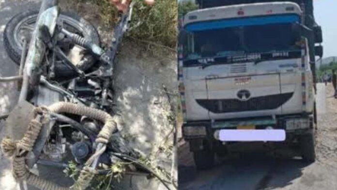 A high-speed dumper hit four bike riders. A high-speed dumper hit four bike riders.