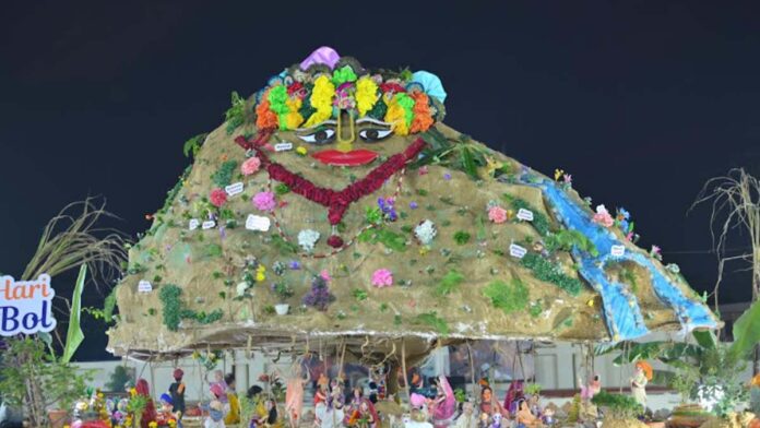 Preparations underway for the worship of the 21-foot-high Govardhan mountain at Gupt Vrindavan Dham