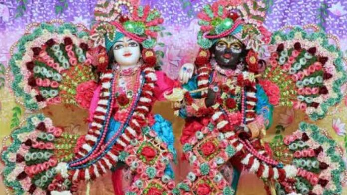 Krishna and Balarama were dressed in special attire and adorned with flowers brought from Bangalore. Krishna and Balarama were dressed in special attire and adorned with flowers brought from Bangalore.
