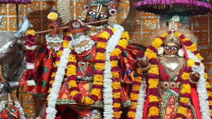 Thakur Shri Ji adorned a captivating Natwar attire in red On Jaya Ekadashi Thakur Shri Ji adorned a captivating Natwar attire in red On Jaya Ekadashi