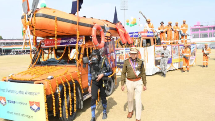 The SDRF's tableau was displayed at the state-level Republic Day 2026 celebrations.