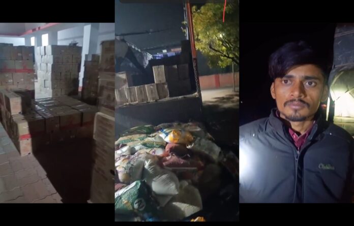 Illegal liquor worth Rs 1.5 crore was found hidden under sacks of rice.