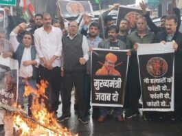 गो हत्या प्रकरण पर सियासत तेज: कांग्रेस कार्यकर्ताओं ने मुख्यमंत्री शर्मा और विधायक गोपाल शर्मा का किया पुतला दहन Congress workers burnt effigies of Chief Minister Sharma and MLA Gopal Sharma.