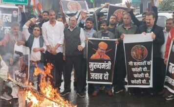 गो हत्या प्रकरण पर सियासत तेज: कांग्रेस कार्यकर्ताओं ने मुख्यमंत्री शर्मा और विधायक गोपाल शर्मा का किया पुतला दहन Congress workers burnt effigies of Chief Minister Sharma and MLA Gopal Sharma.