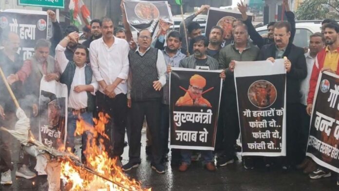 Congress workers burnt effigies of Chief Minister Sharma and MLA Gopal Sharma.