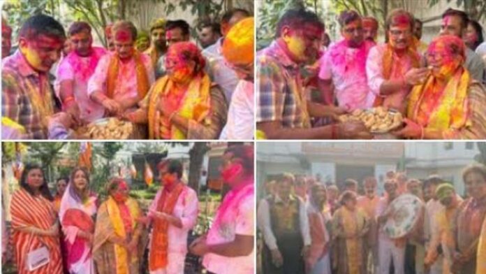 Leaders and workers played Holi with colours at the Holi Milan function at the BJP office. Leaders and workers played Holi with colours at the Holi Milan function at the BJP office.