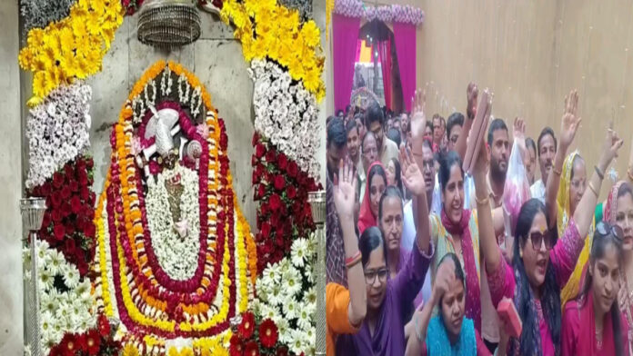 Crowds of devotees throng the Amer Shila Mata Temple following the Ghatasthapana ceremony.