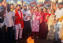 भाजपा युवा मोर्चा ने राहुल गांधी का पुतला दहन कर किया प्रचंड विरोध प्रदर्शन The BJP Yuva Morcha staged a massive protest by burning an effigy of Rahul Gandhi.