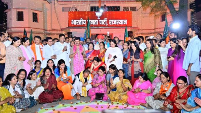 On the eve of the BJP's Foundation Day, the party office was adorned with a rangoli amidst a grand fireworks display and a festival of lights.