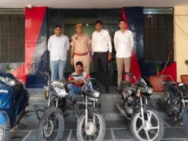 पांच चोरी के दुपहिया वाहन सहित शातिर वाहन चोर ‘मोटा’ गिरफ्तार Cunning vehicle thief ‘Mota’ arrested with five stolen two-wheelers.