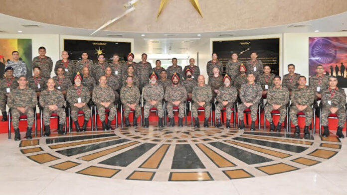 Discussion on future military preparedness at the Sapta Shakti Command Conference.