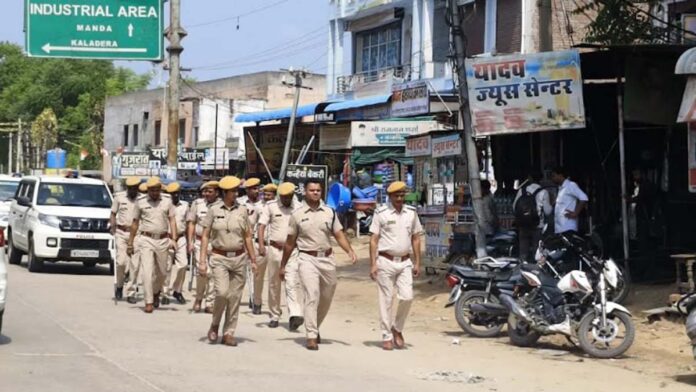 Police conducted a flag march ahead of the municipal elections. Police conducted a flag march ahead of the municipal elections.