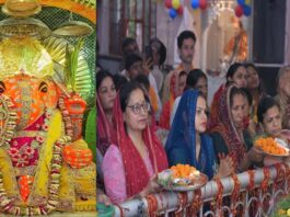 राजशाही पोशाक और स्वर्ण मंडित मुकुट में सजे नहर के गणेशजी Lord Ganesha of the canal, adorned in royal attire and a gold-plated crown.