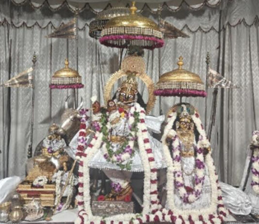 श्वेत जरी-गोटे की पोशाक में सजे ठाकुरजी: खीर का विशेष भोग लगाया